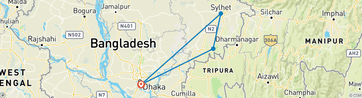 Map of 5 Days Private Tailor-Made Bangladesh Tour, Daily Start