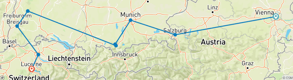 Map of Exploring the Alpine Countries Austria - Germany - Switzerland (Vienna to Lucerne) (2025)