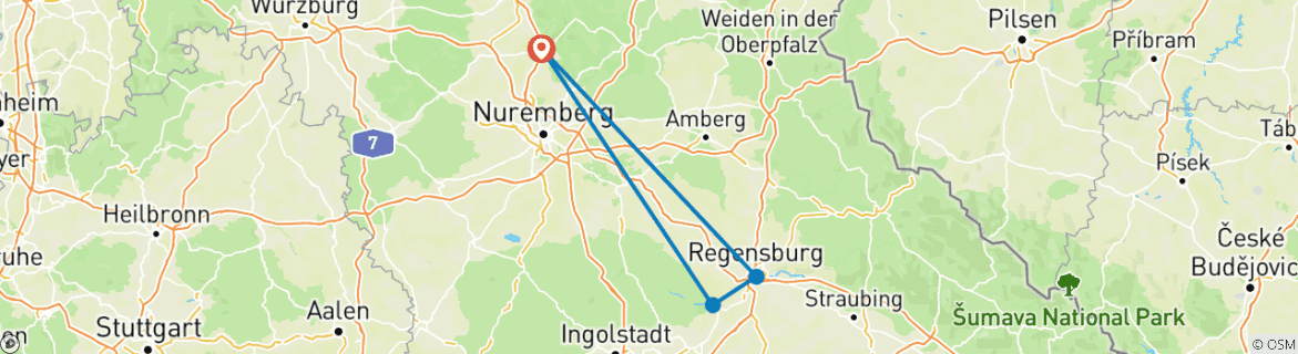 Image of a map showing the route of the tour