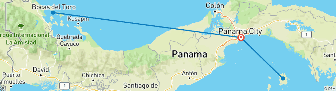 Kaart van 10 Daagse Panama Highlights Tour op maat, dagelijks vertrek & privégids
