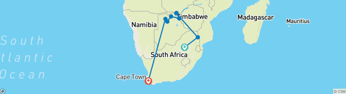 Karte von Krüger, Vic Falls, Chobe, Okavango Delta & Kapstadt 14 Tage