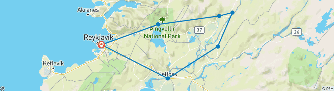 Kaart van IJsland 3-daagse stopover tour: Gouden Cirkel, geisers & gletsjers