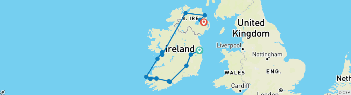 Karte von Landstraßen in Irland - Rundreise, Ende Belfast (12 Tage)