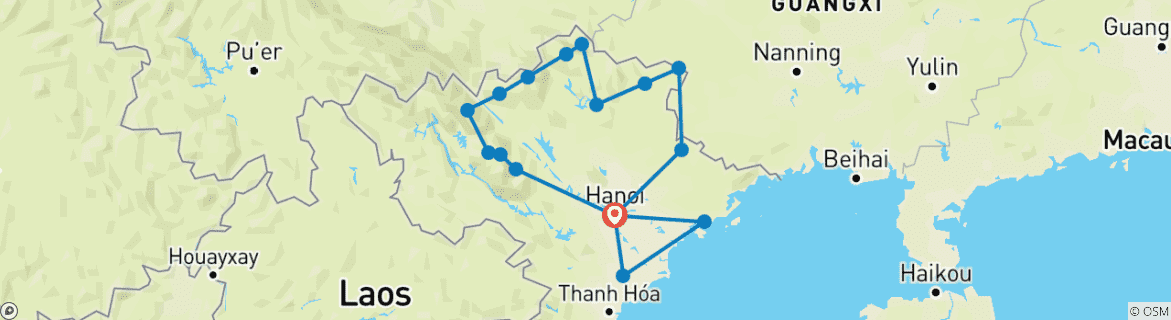 Image of a map showing the route of the tour