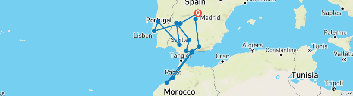 Karte von Madrid, Lissabon, Sevilla, Cordoba, Fez, Marrakesch, Granada und mehr 19 Tage