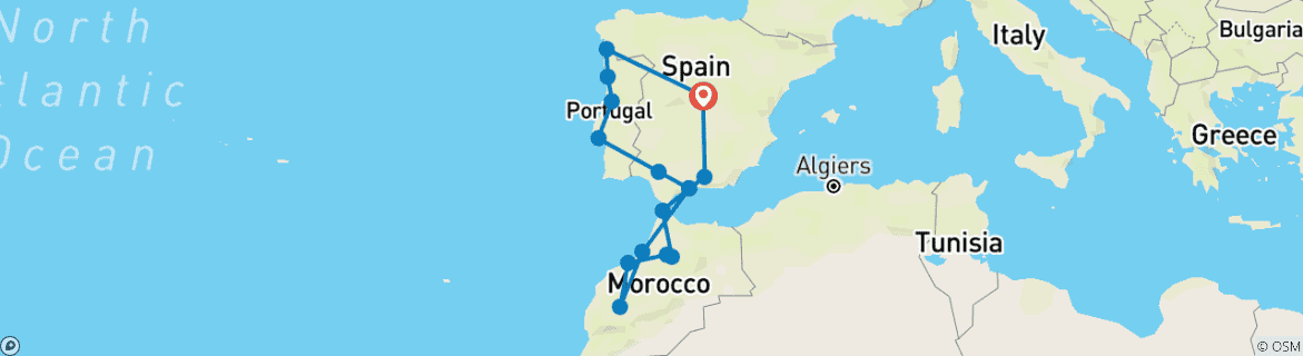 Map of 21 Day Madrid, Marrakech, Granada and more