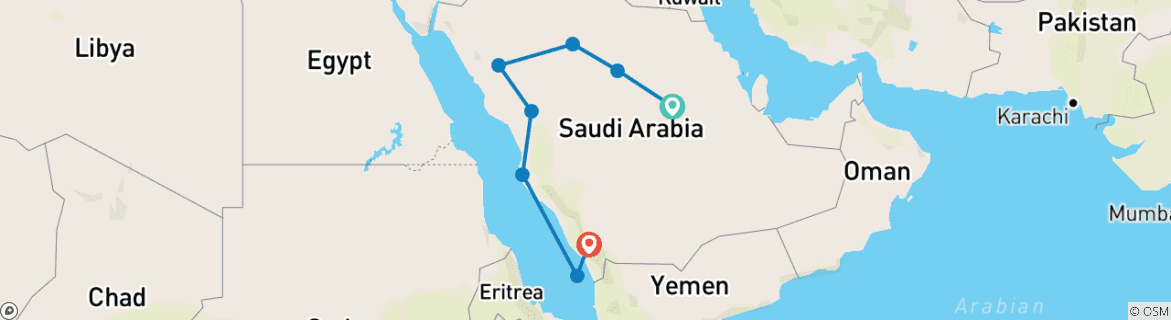 Map of Saudi Arabia 16 Day Group Tour