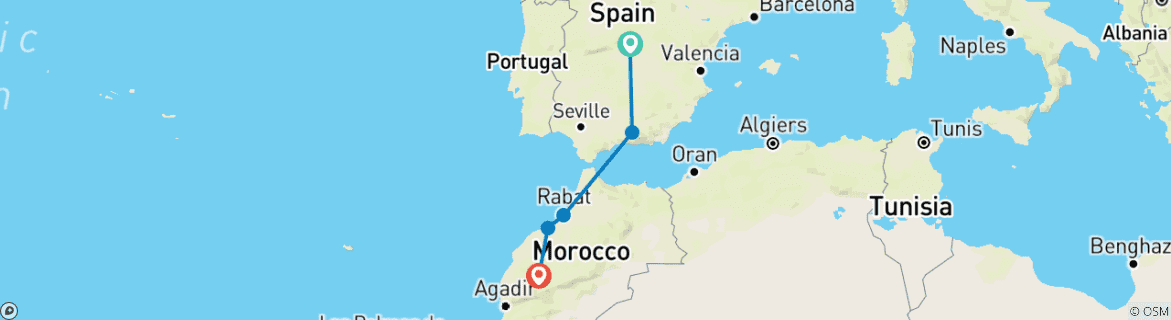 Kaart van 7 dagen Madrid, Granada, Rabat, Marrakech&nog veel meer