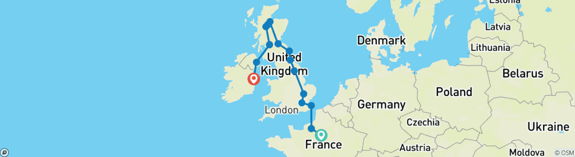 Carte du circuit DE PARIS A L'IRLANDE : UN VOYAGE A TRAVERS LES VILLES LES PLUS EMBLÉMATIQUES D'EUROPE