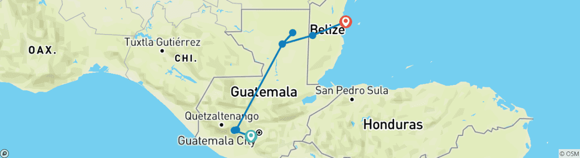 Mapa de Lo mejor de Guatemala y Belice - 12 días