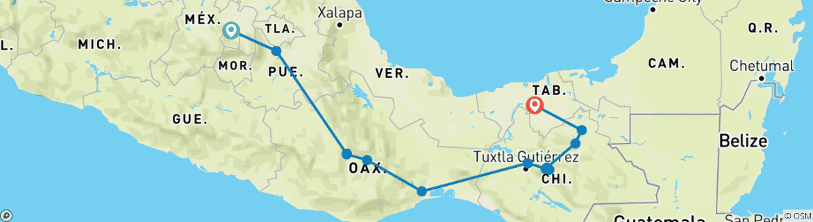 Map of Oaxaca and Chiapas from Mexico City