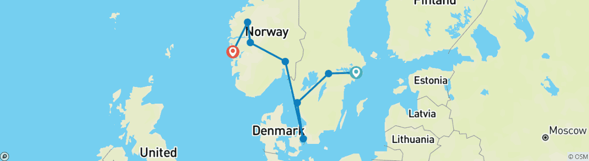 Carte du circuit Scandinavie spectaculaire (de Copenhague à Bergen) (2025)