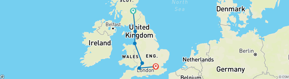 Map of Coasts & Countrysides of England featuring the Royal Edinburgh Military Tattoo, Liverpool & London (Edinburgh to London)