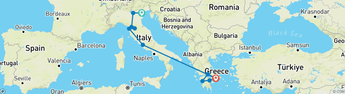 Image of a map showing the route of the tour