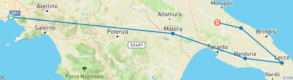 Mapa de Tesoros ocultos del sur de Italia (from Nápoles to Alberobello)