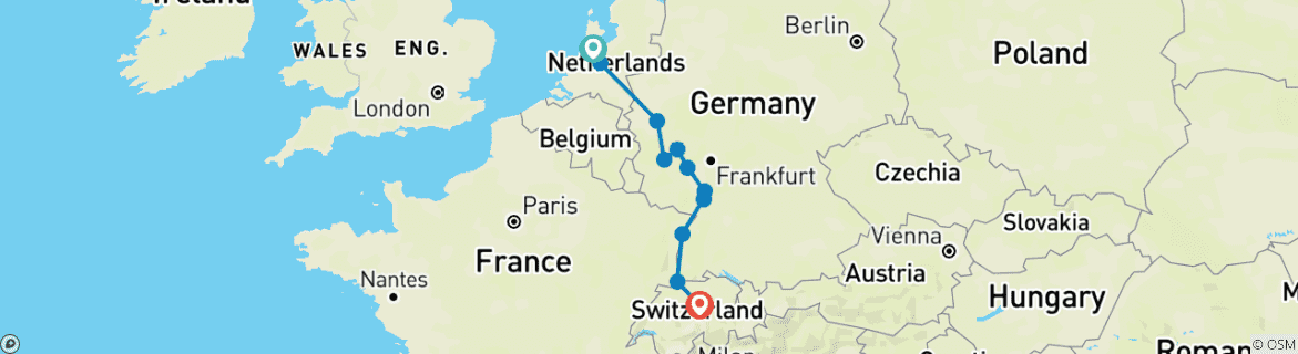 Map of Classical Rhine and Switzerland Extension (Amsterdam - Lucerne)