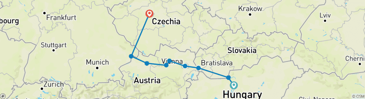 Map of Classical Danube and Prague Extension (Budapest - Prague)