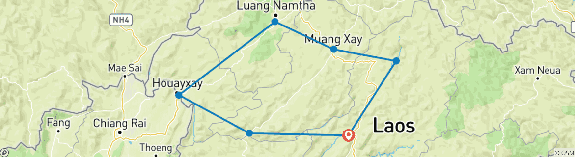 Map of Legendary Laos Offroad Motorcycle Tour to Golden Triangle