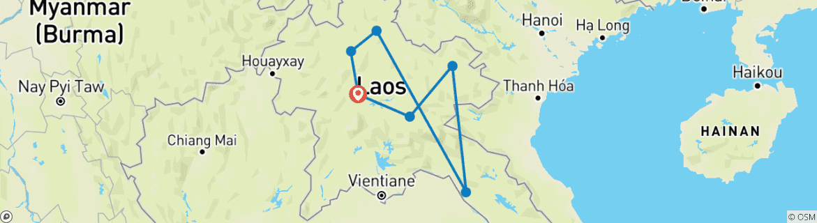 Map of Luang Prabang Motorbike Tour to Jars and Valleys via Bounthai and Phonsavan