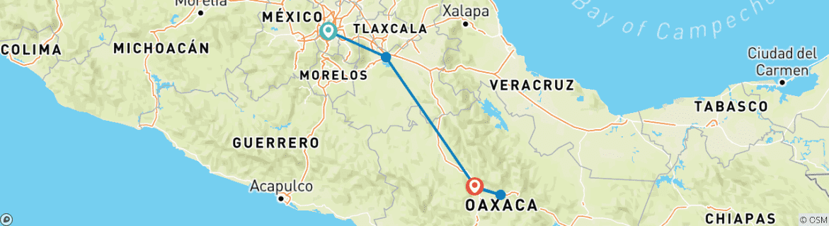 Map of Puebla, Oaxaca and Monte Alban from Mexico City