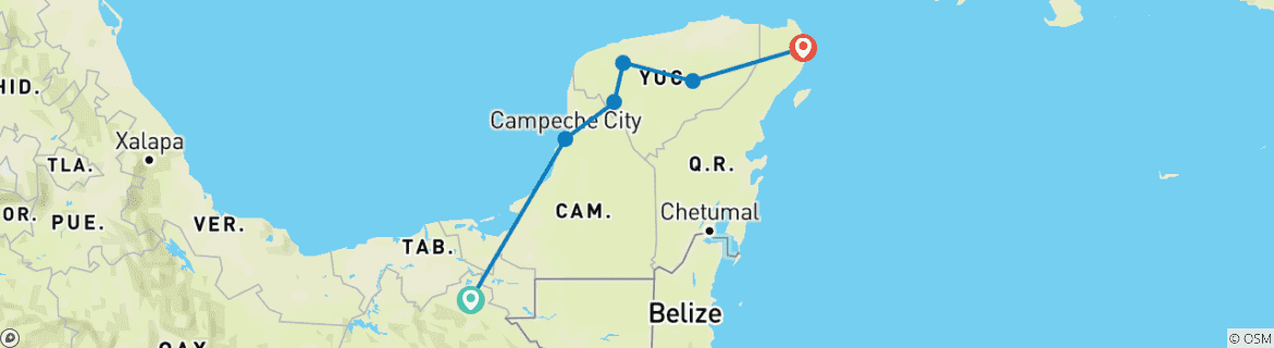 Map of Maya Heritage Route, from Palenque to Cancun