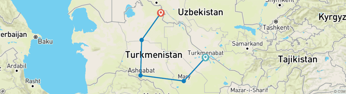Carte du circuit Circuit de groupe au Turkménistan (voyage en Asie centrale)