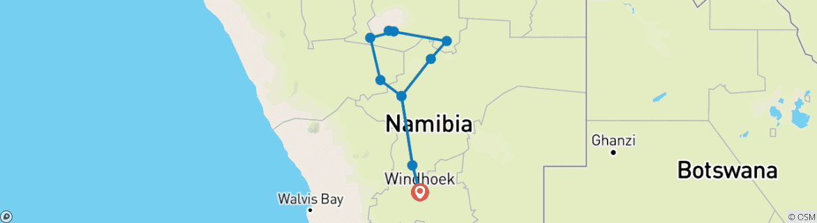 Map of 6 Days Safaris in Namibia | Private Guided Camping