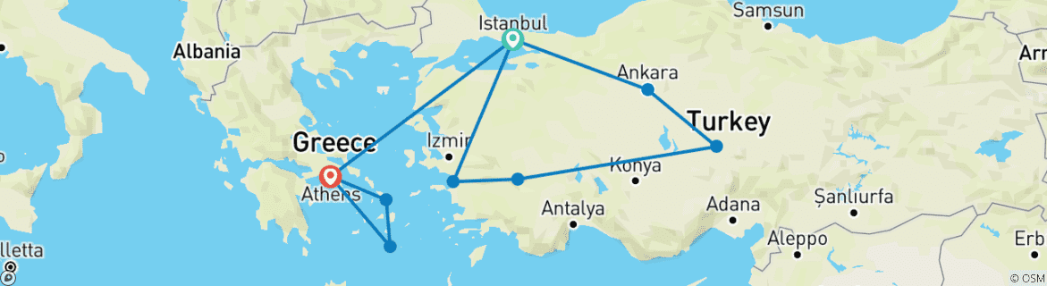 Karte von Ottoman: Istanbul, Ankara, Kappadokien, Pamukkale, Ephesus, Izmir, Athen, Mykonos, Santorin und mehr