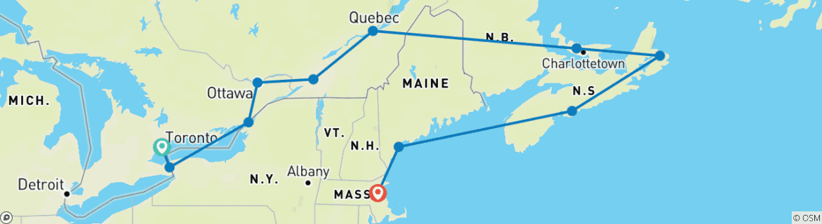 Map of Eastern Canada and New England Cruise Toronto → Boston (2025)