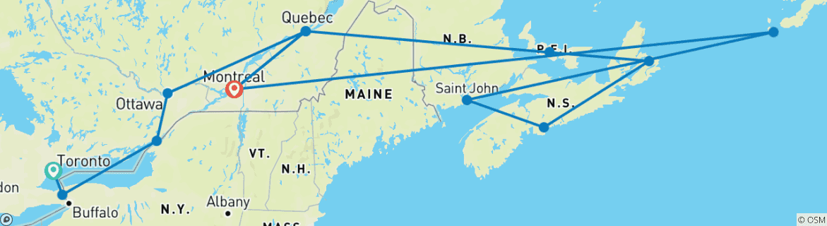 Map of East Canada & New England Circle Cruise  Toronto to Montreal  (2025)