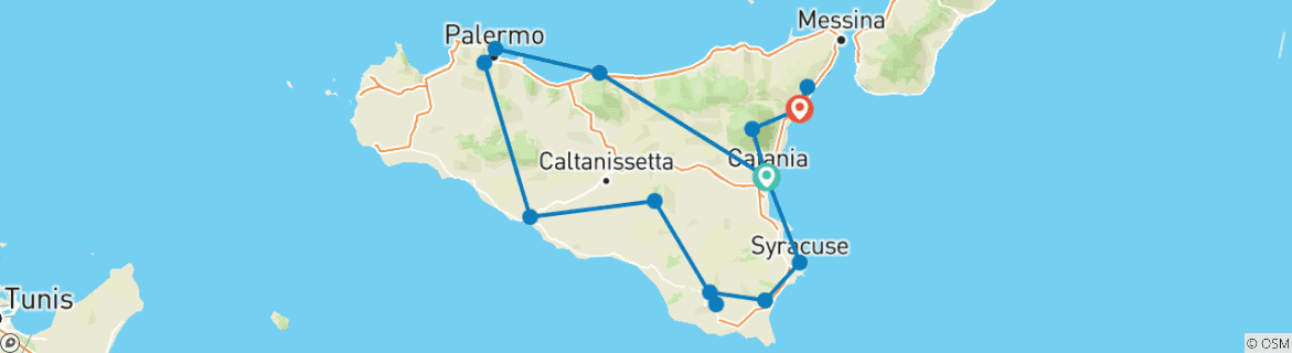 Carte du circuit Le meilleur de la Sicile de Catane à Taormine - 10 jours