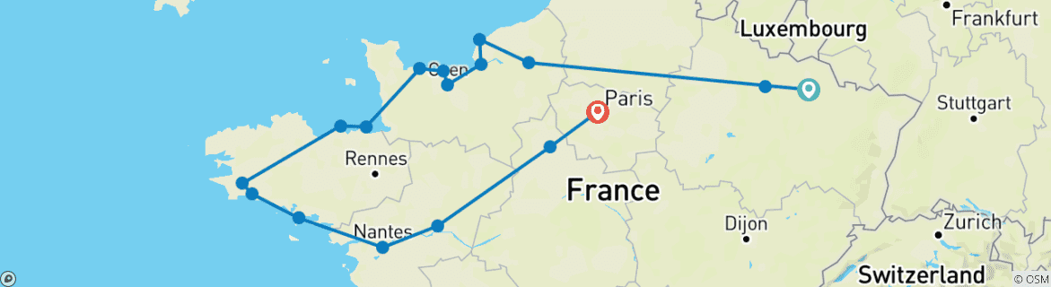 Image of a map showing the route of the tour