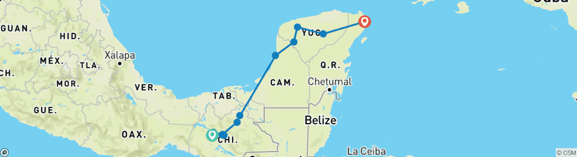 Carte du circuit Chiapas et route du patrimoine maya