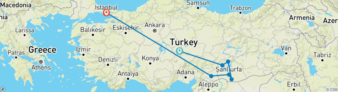 Map of Gobeklitepe and Mt Nemrut Tour (7 destinations)