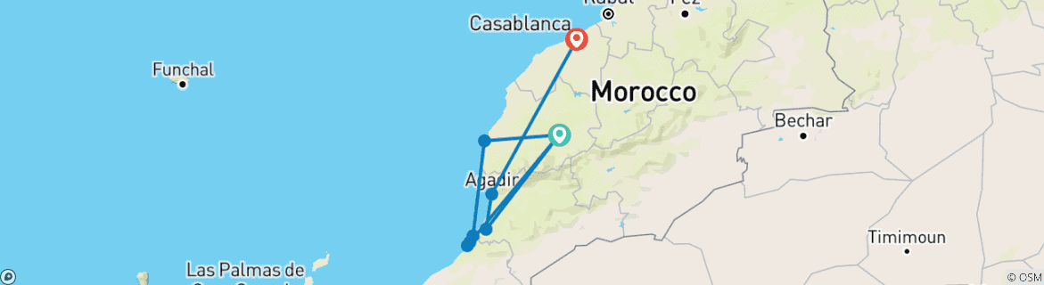 Carte du circuit Circuit privé au Maroc depuis Marrakech 8 jours jusqu'à Essaouira Taghazout et Mirleft