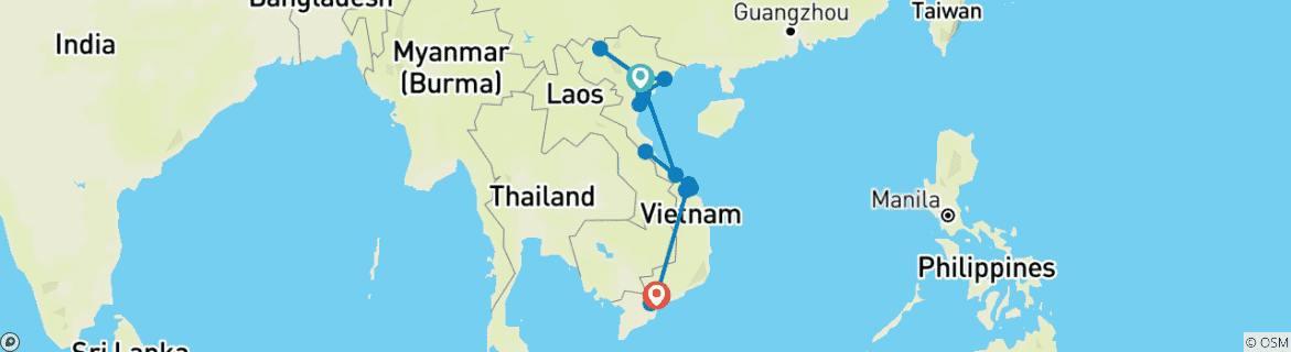 Carte du circuit Vietnam en 27 jours : Voyage du nord au sud du Vietnam