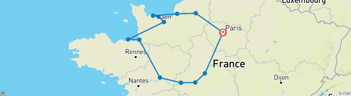 Mapa de Circuito guiado de 3 Días a Normandía, el Monte Saint-Michel y los Castillos del Valle del Loira desde París, con recogida en el hotel (NBC3F)