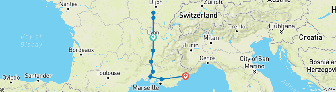 Carte du circuit Aix-en-Provence avec les sensations de Lyon et de la Provence