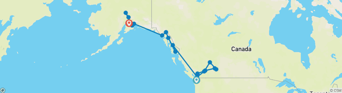 Mapa de Maravillas Naturales de las Rocosas y Alaska Victoria → Anchorage (2025)