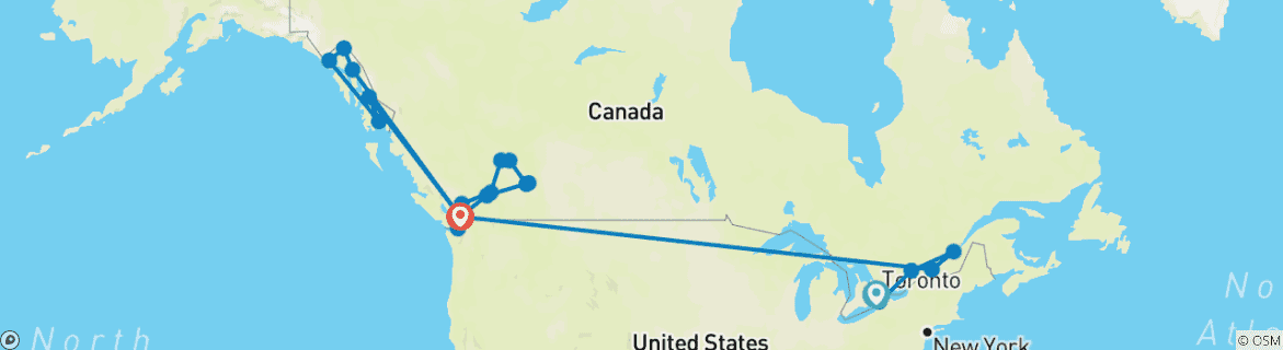 Map of Eastern Canada, Rockies Explorer and Alaska Cruise Toronto → Vancouver (2025)