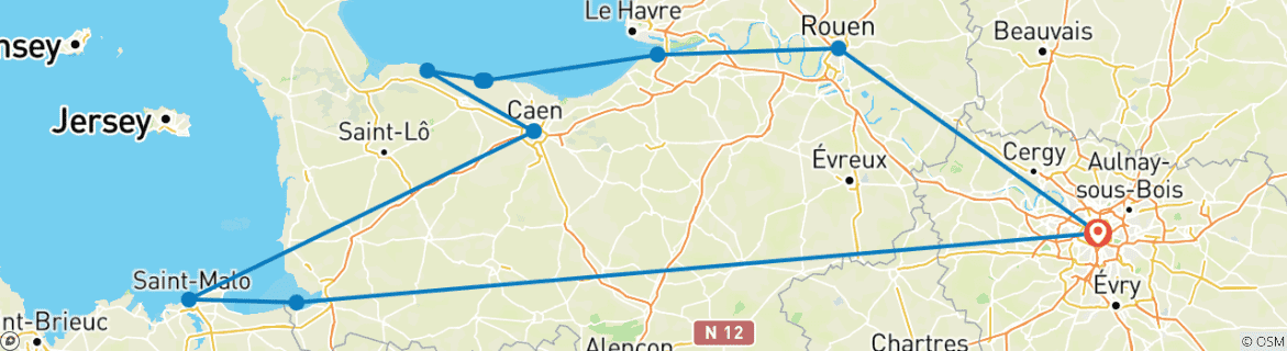 Map of 2 Day Guided Trip to Normandy, Saint Malo & Mont Saint-Michel from Paris with HOTEL PICK UP (PM2F)