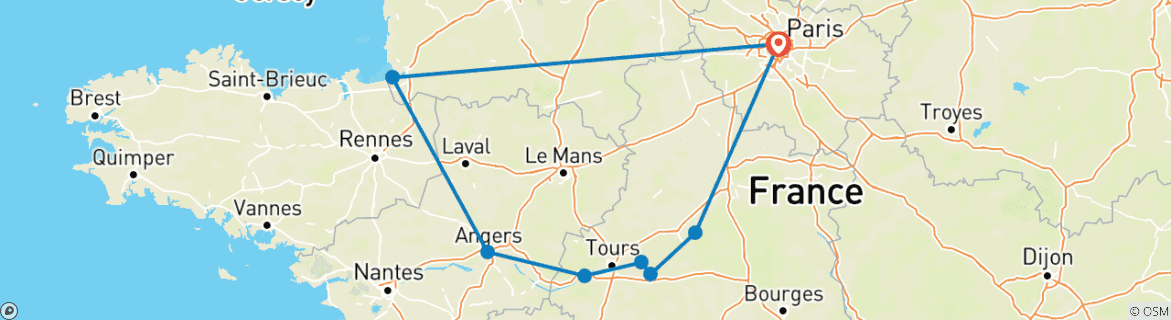 Map of 2 Day Guided Trip to Mont Saint-Michel, Loire Valley Chateaux from Paris with HOTEL PICK UP (ML2F)