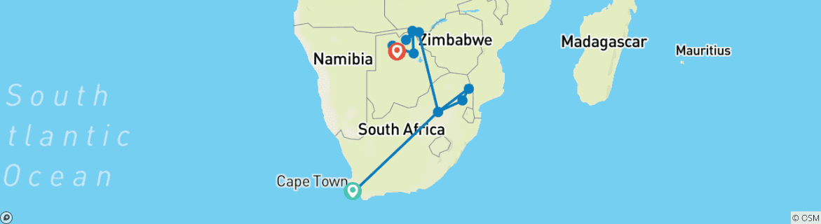 Mapa de Safari del Cabo al Delta (15 días, impuesto intraurbano de Ciudad del Cabo a Johannesburgo)