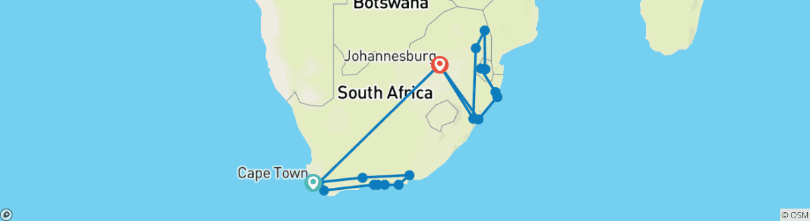 Map of Sea, Safari, South Africa (14 Days, Intra Tour Tax Cape Town To Johannesburg)