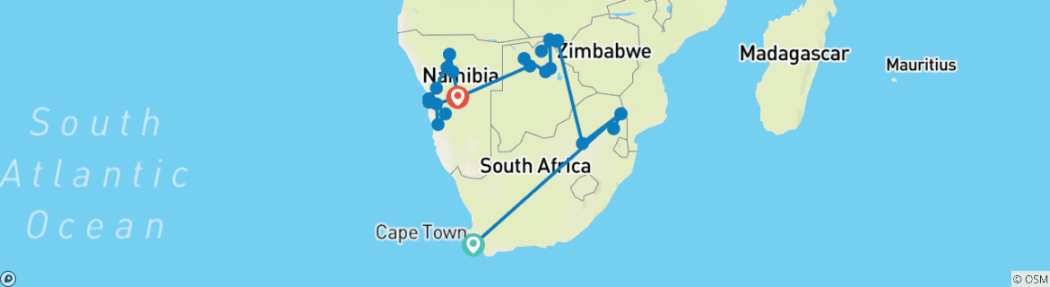 Carte du circuit Safari en Afrique australe
