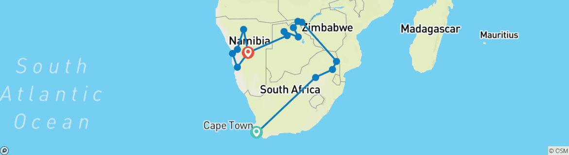 Map of Southern Africa Safari (21 Days, Air Price Cape Town To Johannesburg)