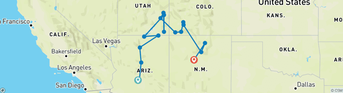 Map of Colourful Trails of the Southwest (End Albuquerque, 10 Days) (17 destinations)