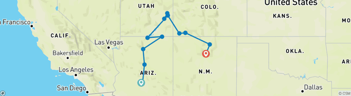 Map of Colourful Trails of the Southwest (End Santa Fe, 10 Days) (including Page)