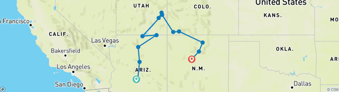 Map of Colourful Trails of the Southwest (Balloon Fiesta, End Albuquerque, 11 Days) (15 destinations)