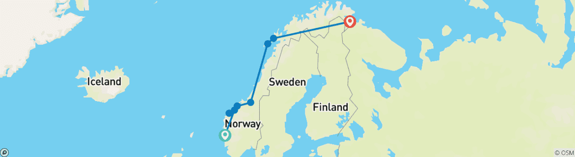 Map of Havila Voyages Bergen-Kirkenes (including Alesund)